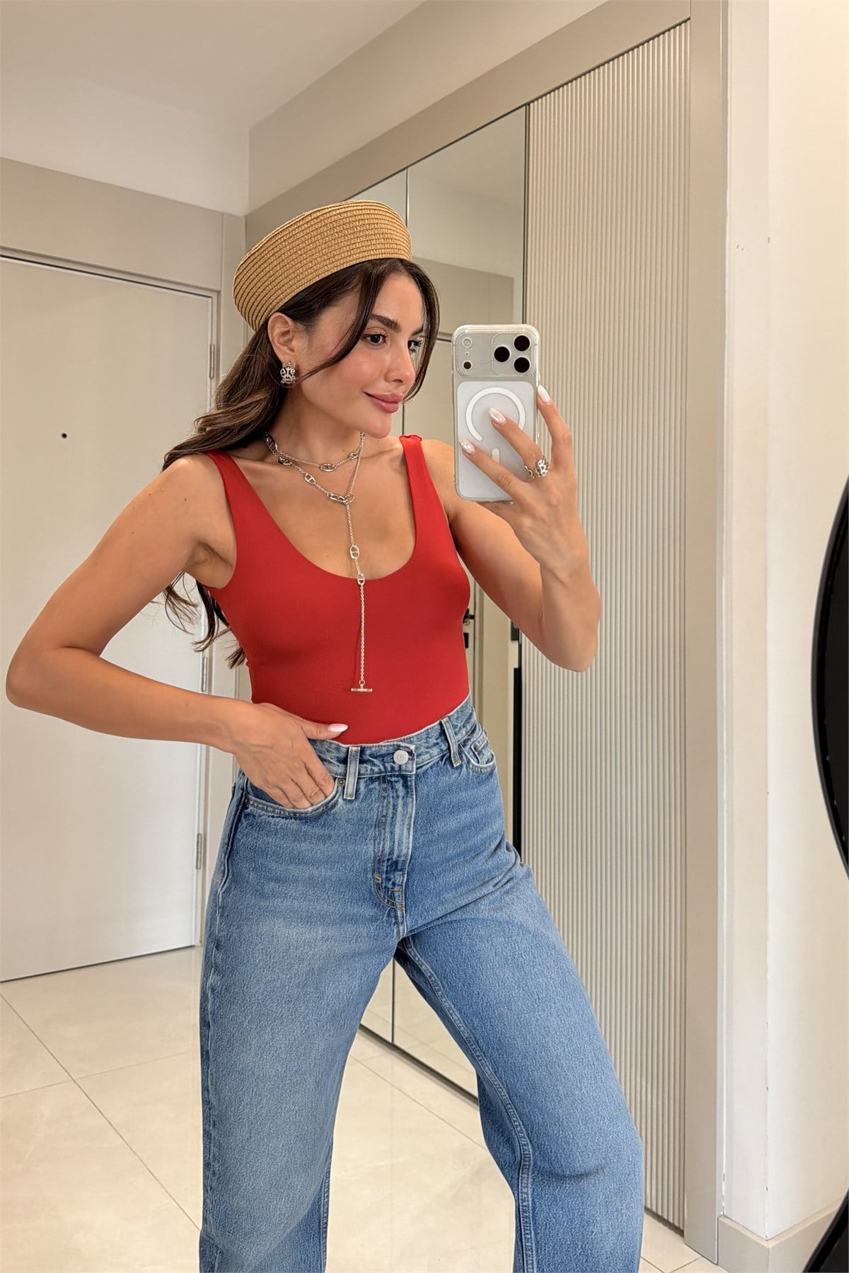 Denvis Kırmızı Dekolteli Basic Bodysuit