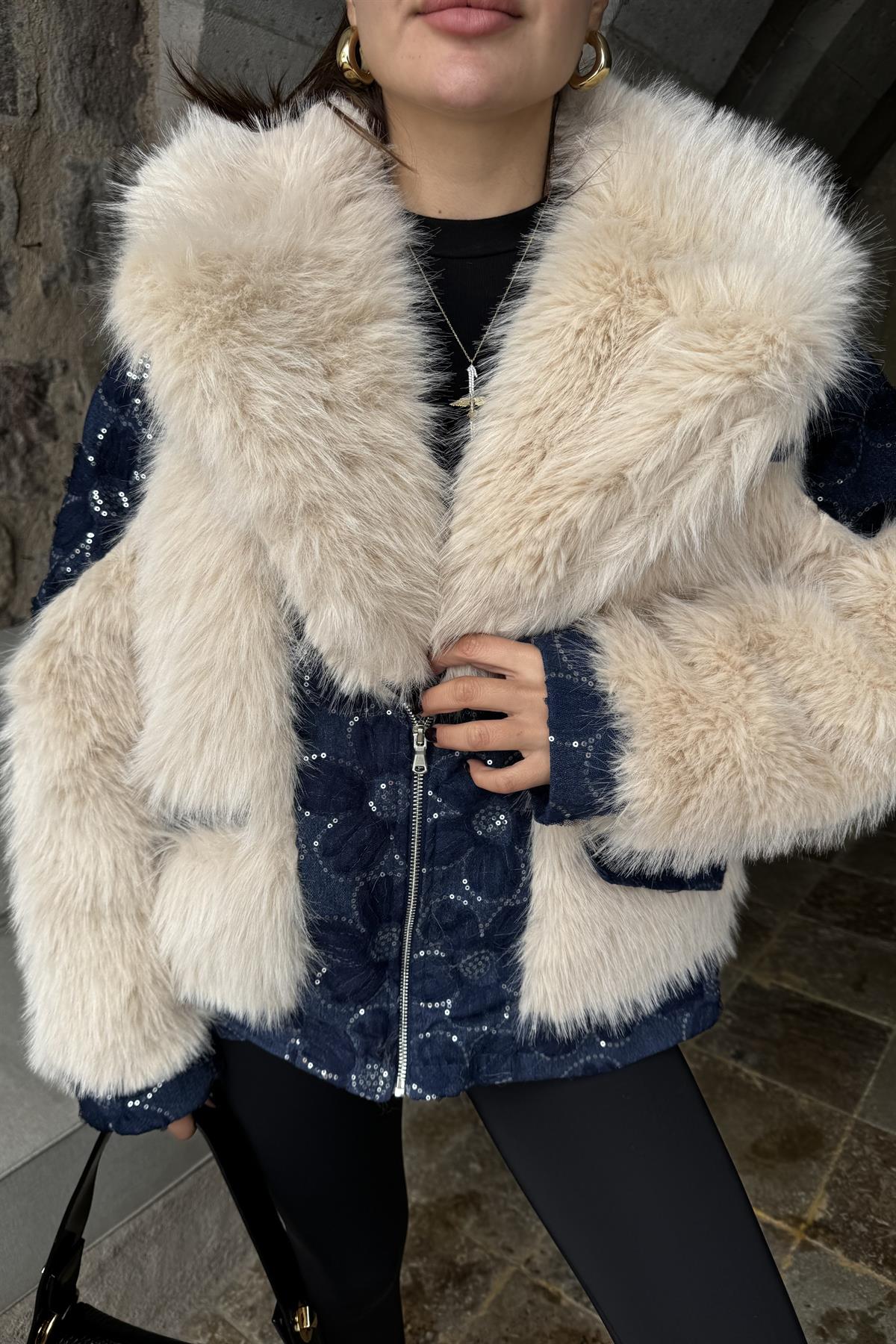 Desce Kot Karışımlı Premium Kürk Kaban