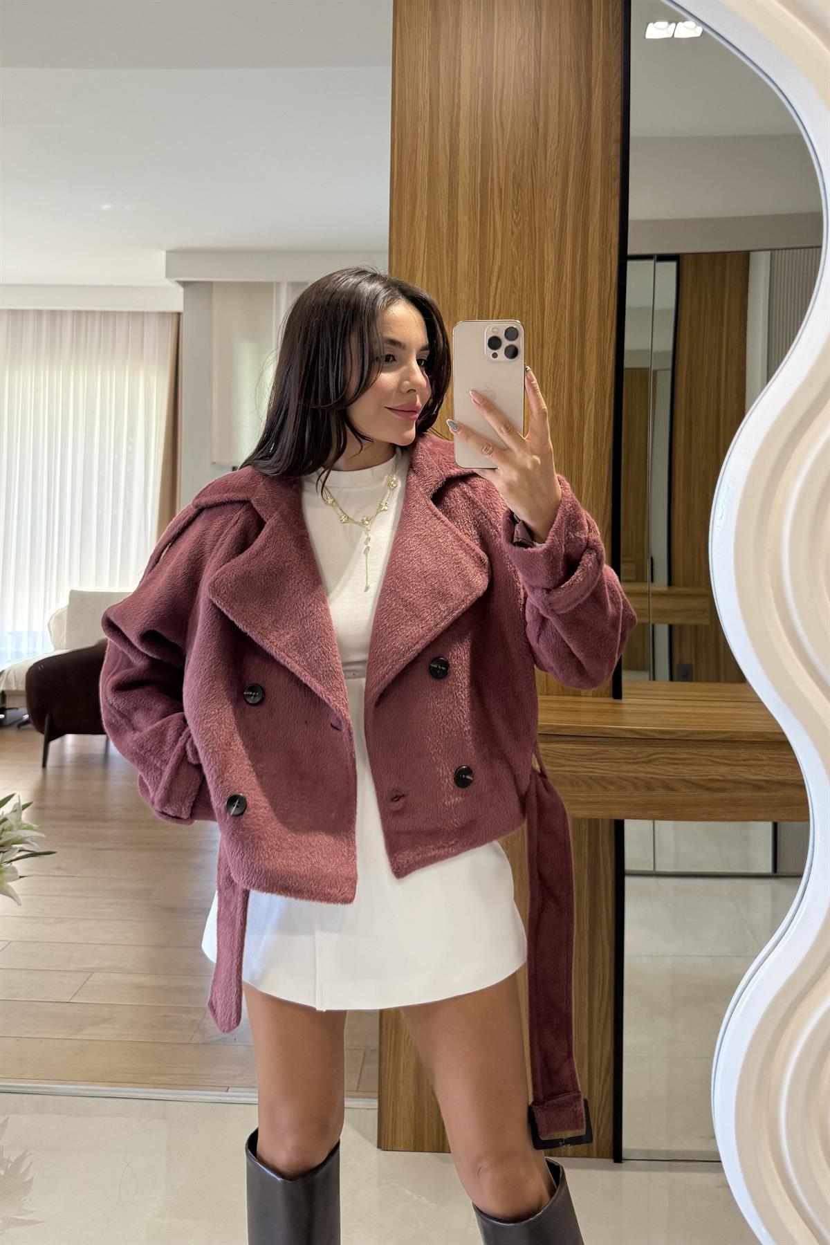 Devida Gül Kurusu Kemerli Peluş Ceket