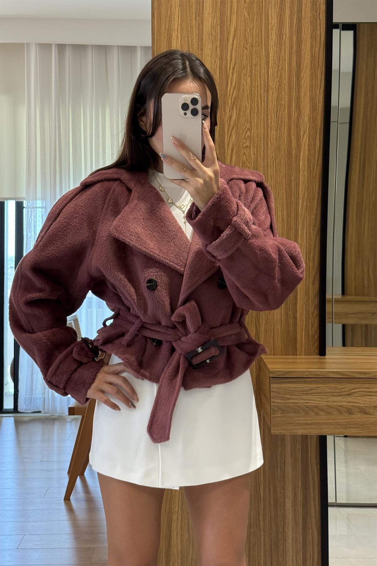 Devida Gül Kurusu Kemerli Peluş Ceket