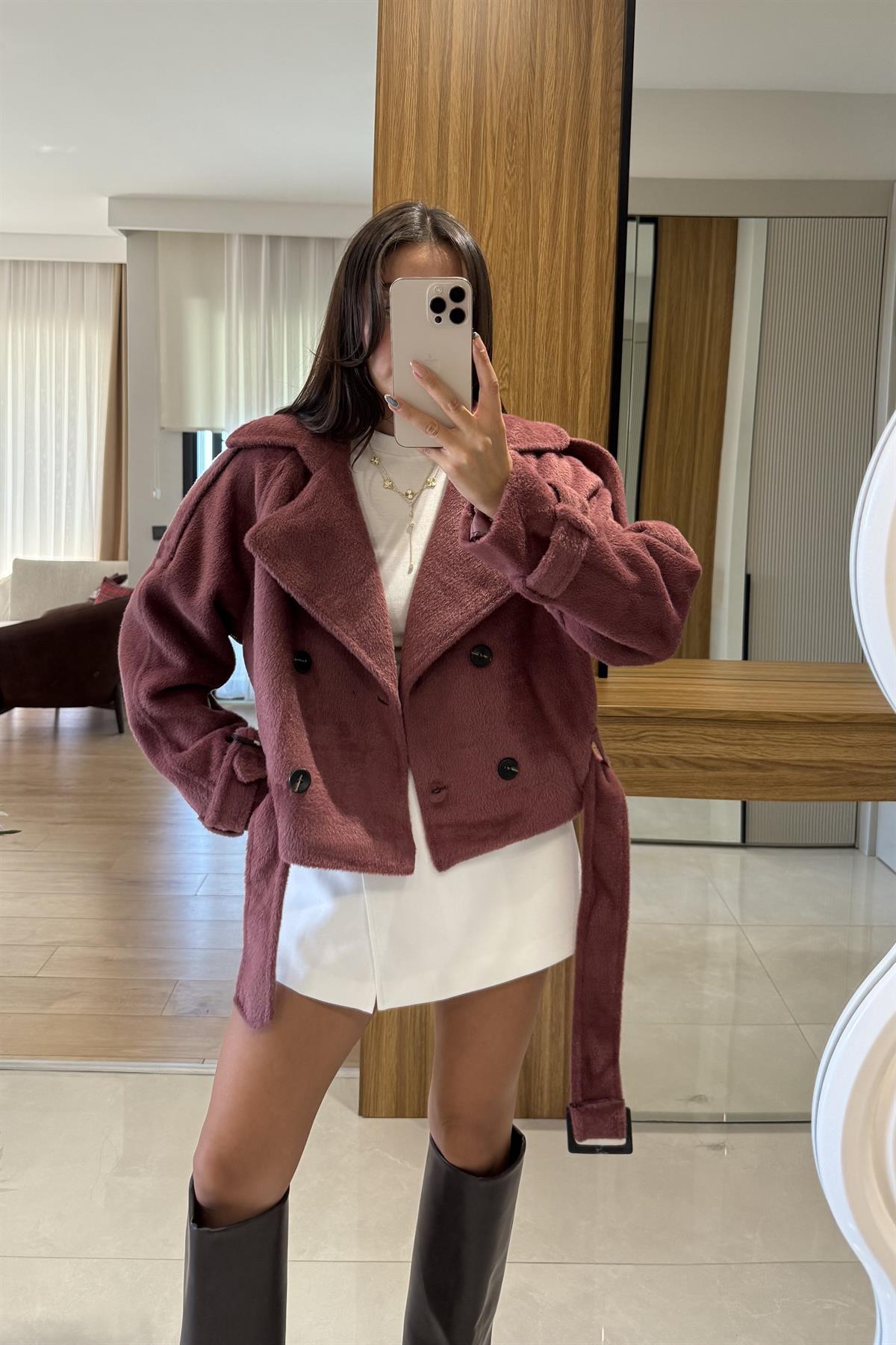 Devida Gül Kurusu Kemerli Peluş Ceket