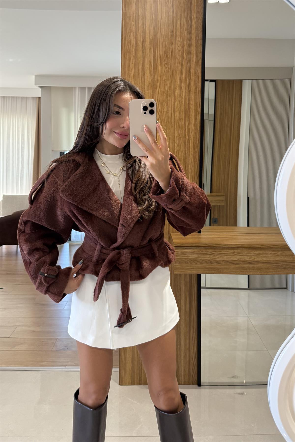 Devida Kiremit Kemerli Peluş Ceket