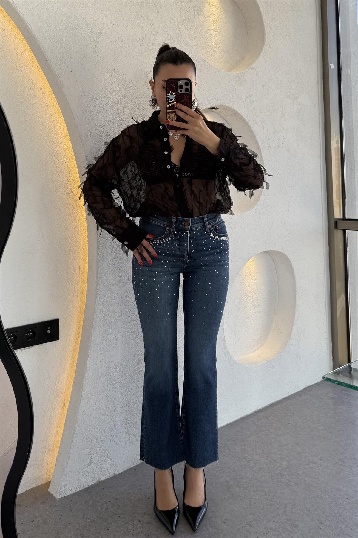 Diamond Midblue Taşlı Kesik Paça Jean