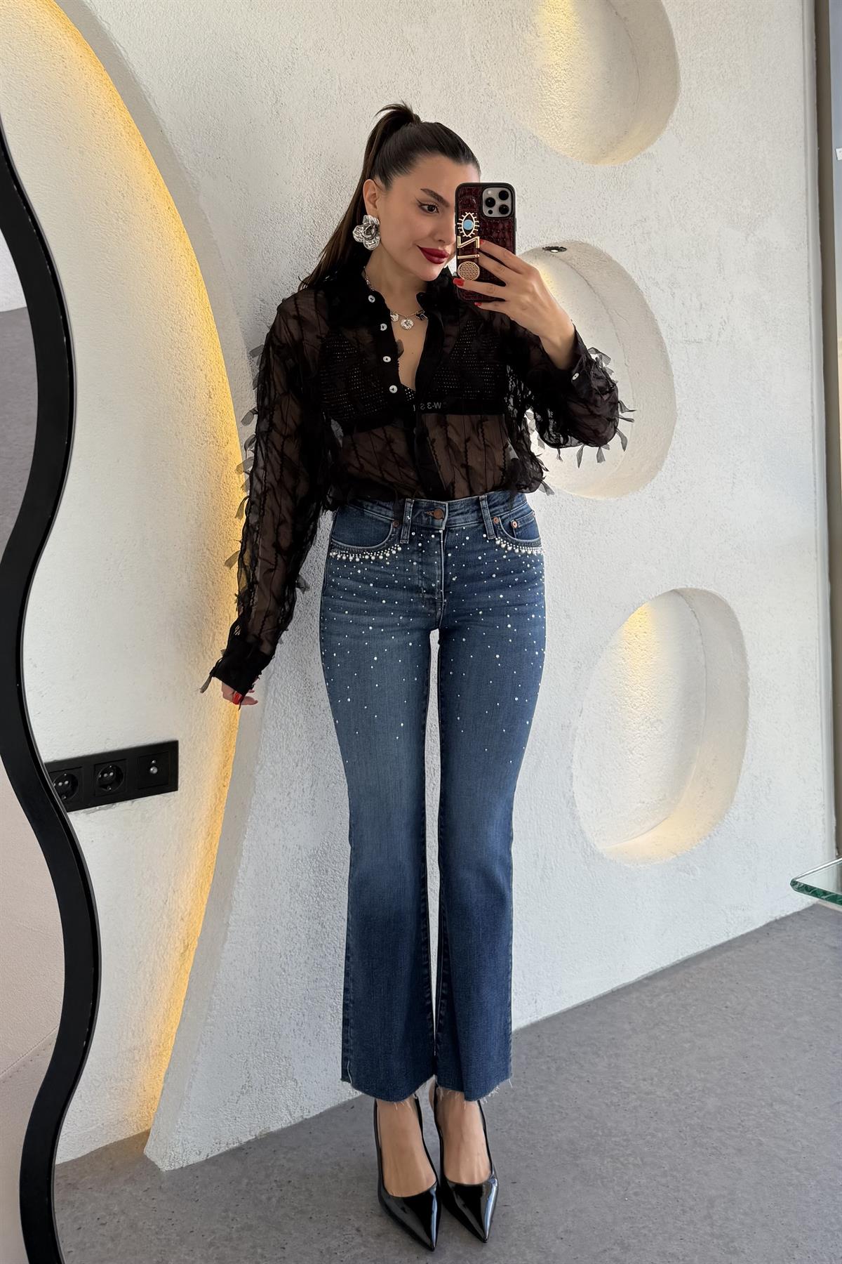 Diamond Midblue Taşlı Kesik Paça Jean