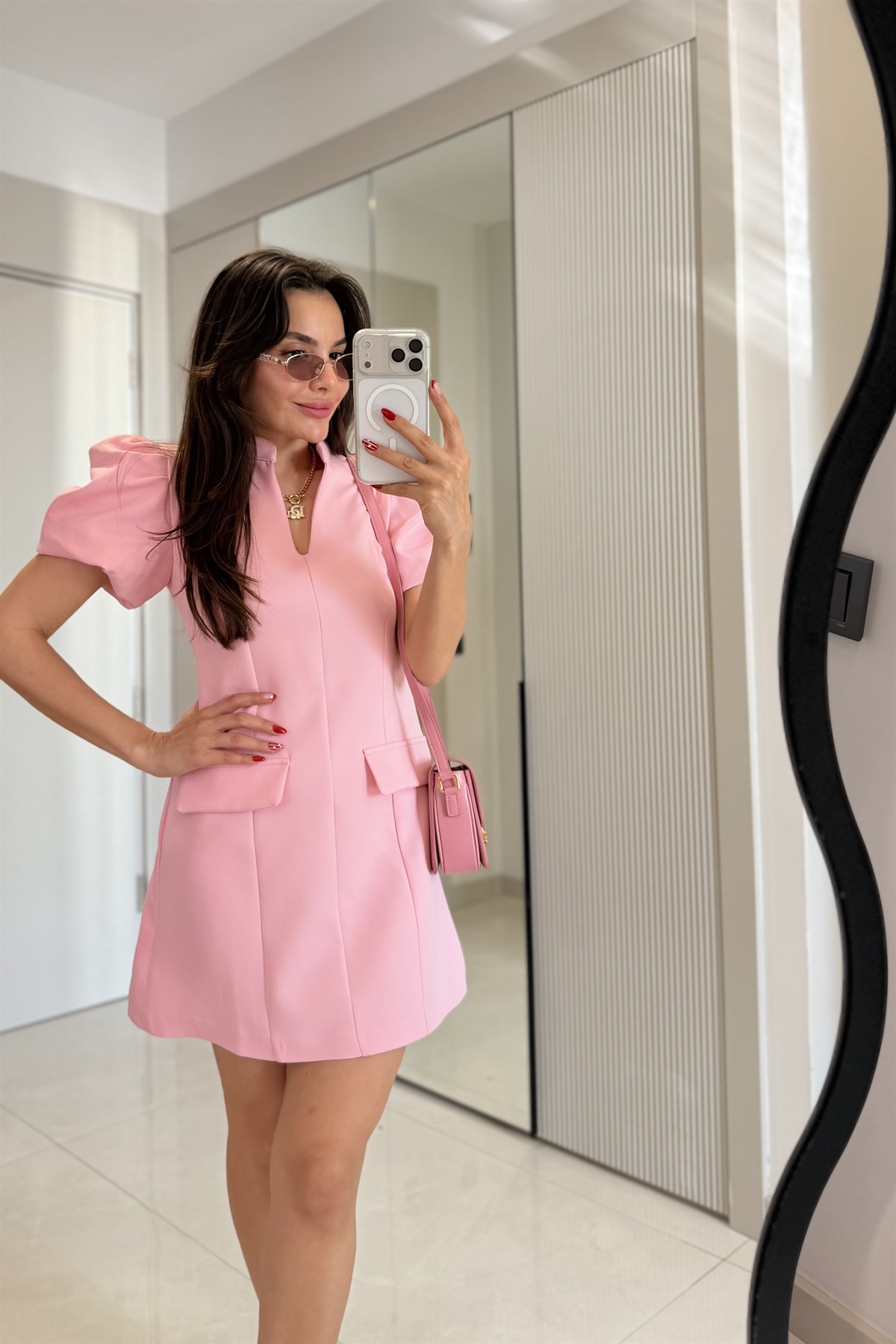 Diana Pembe Damla Yaka Balon Kol Elbise