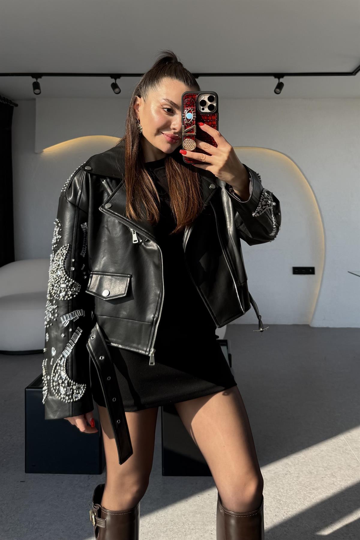 Diana Siyah Tasarım Taşlı Deri Lüks Ceket