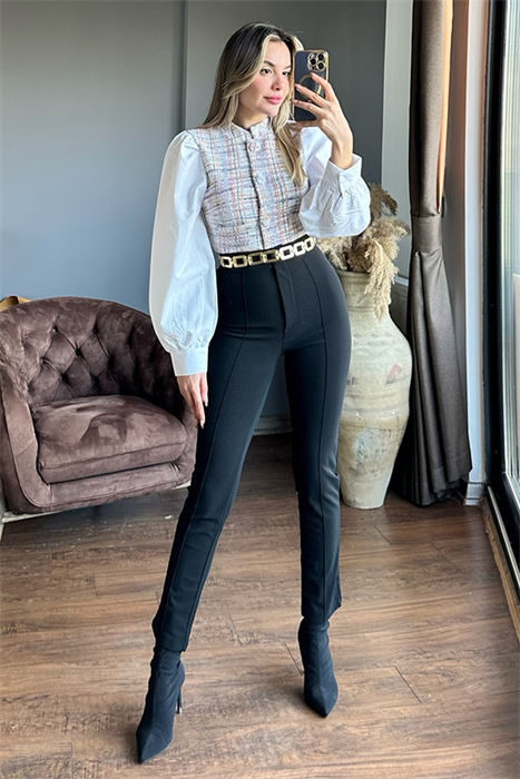 Dikiş detaylı siyah dar paça pantolon