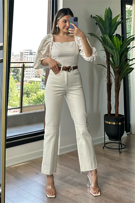 Dikişli krem ultra yüksek bel mom fit