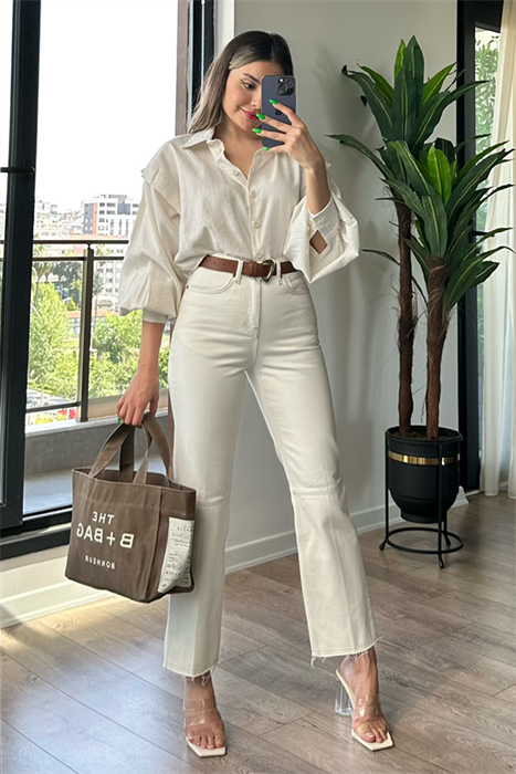 Dikişli krem ultra yüksek bel mom fit
