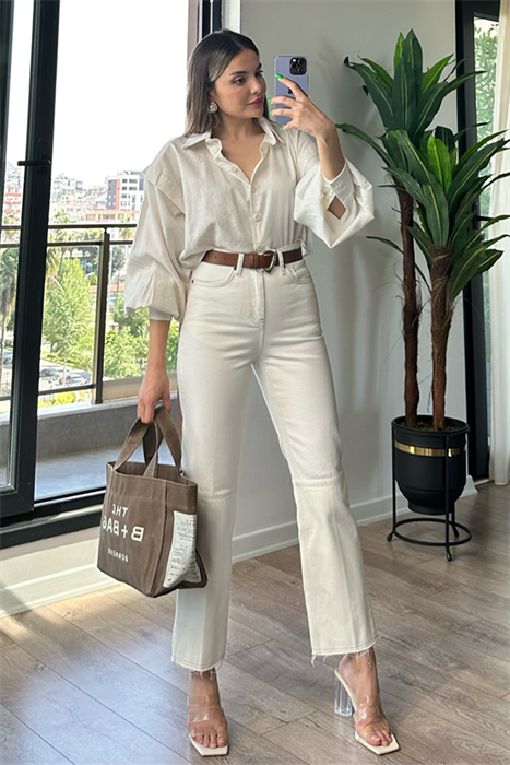 Dikişli krem ultra yüksek bel mom fit