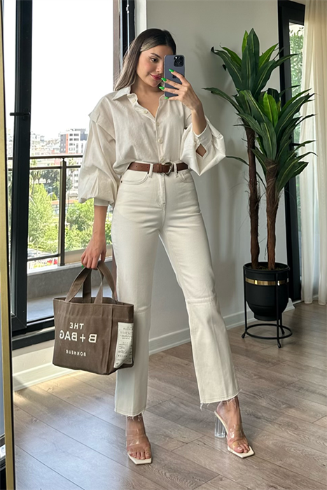 Dikişli krem ultra yüksek bel mom fit