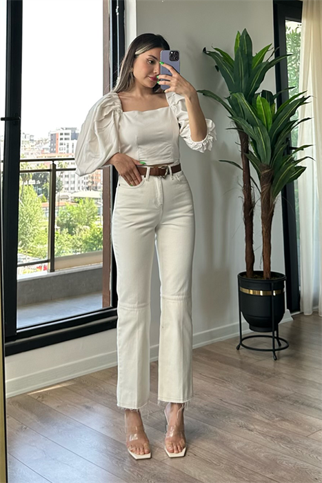 Dikişli krem ultra yüksek bel mom fit