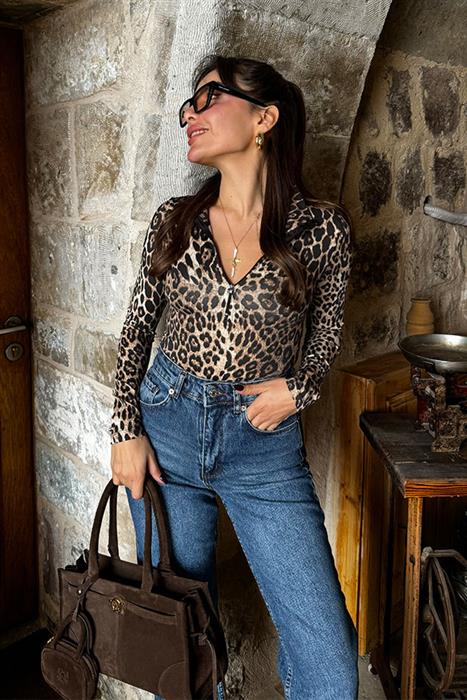 Disce Leopar Fermuarlı Bodysuit