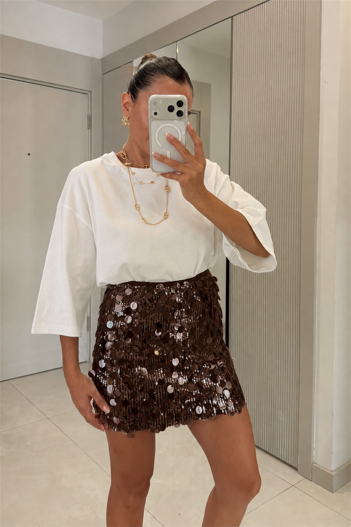 Disco Kahve Pul Payet Mini Etek
