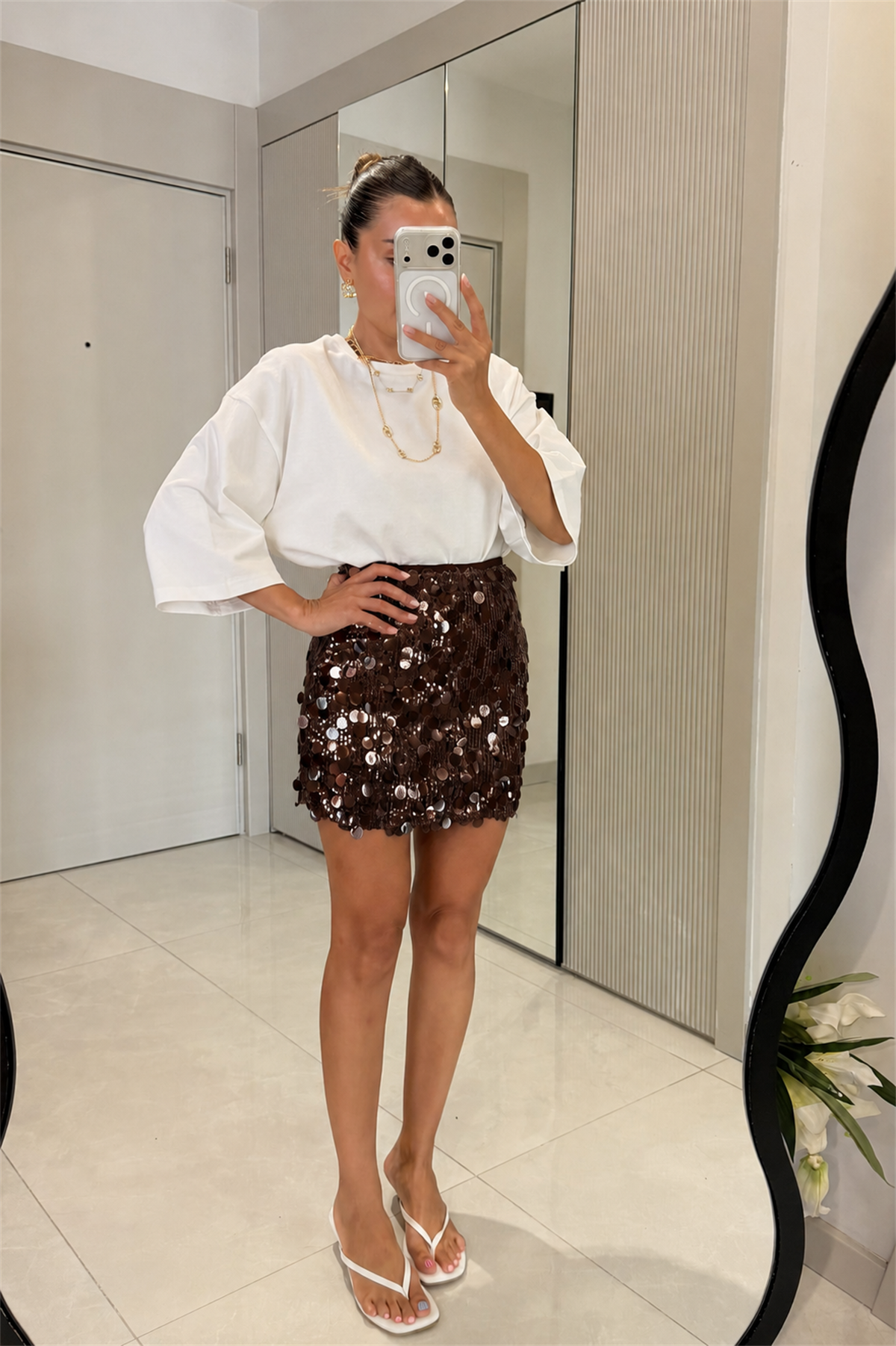 Disco Kahve Pul Payet Mini Etek