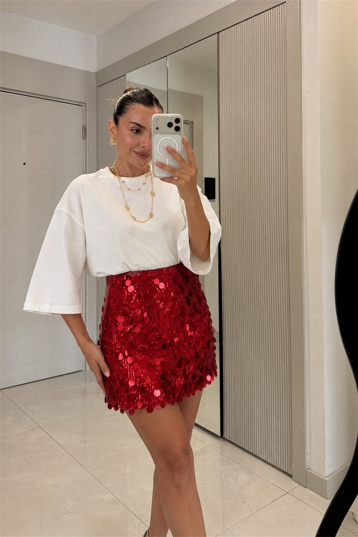 Disco Kırmızı Pul Payet Mini Etek