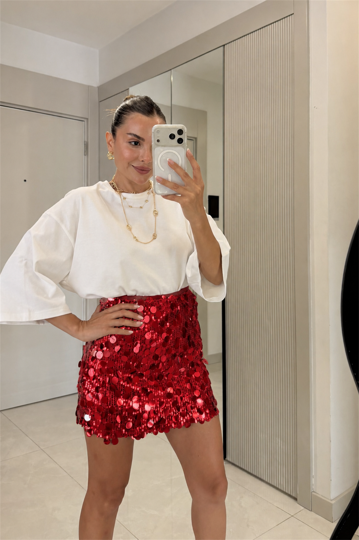 Disco Kırmızı Pul Payet Mini Etek