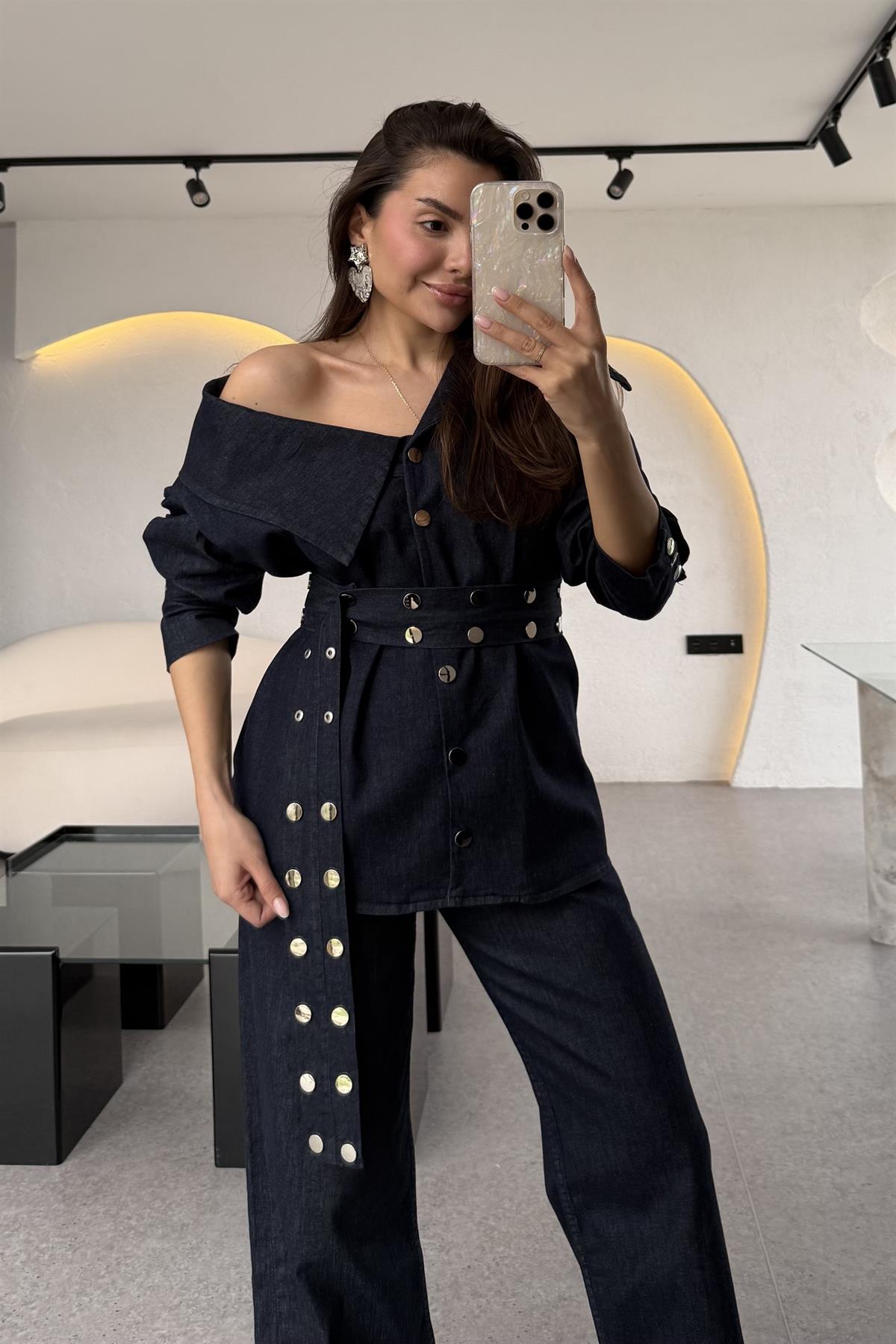 Dobbie Zımba Detaylı Denim Kruvaze Yaka Takım