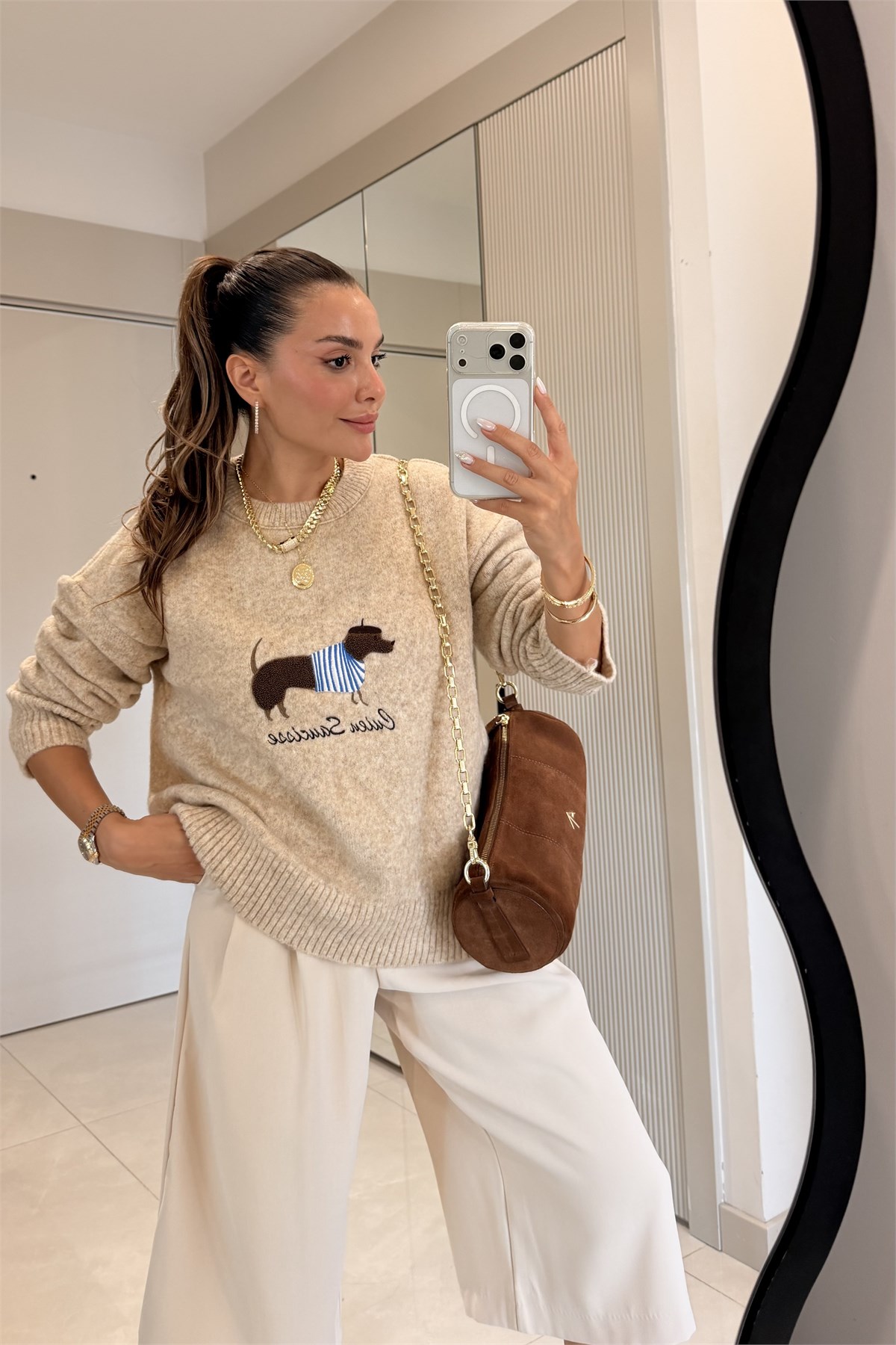 Dogge Bej Köpek Baskılı Kazak