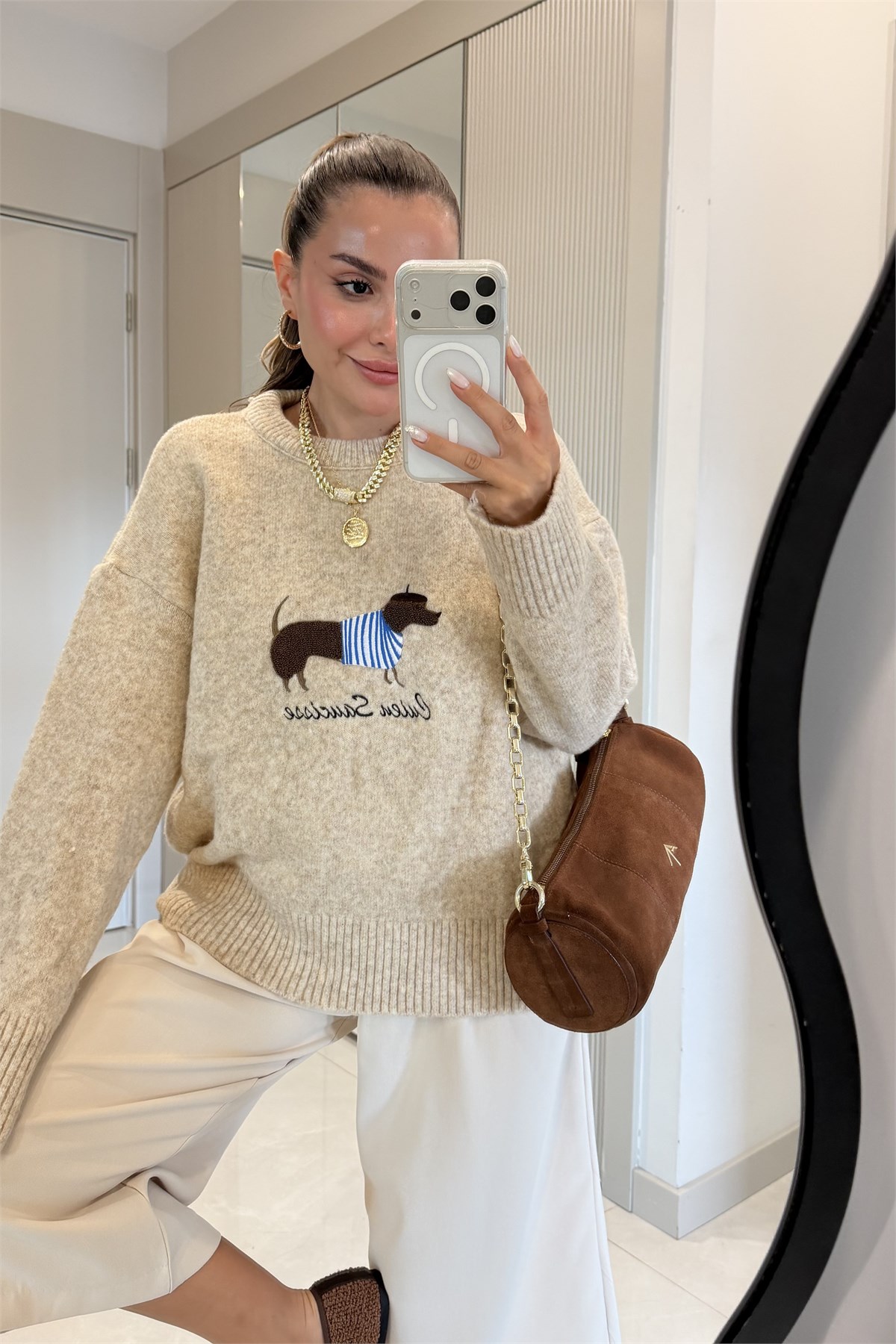 Dogge Bej Köpek Baskılı Kazak