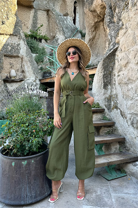 Dora sırt dekolteli asker yeşili tulum