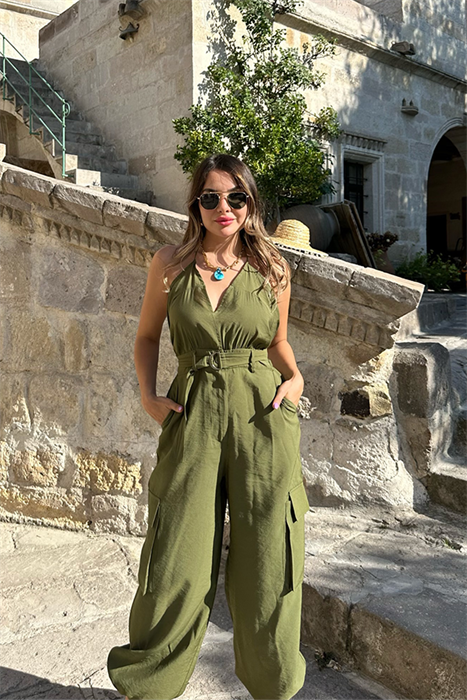 Dora sırt dekolteli asker yeşili tulum