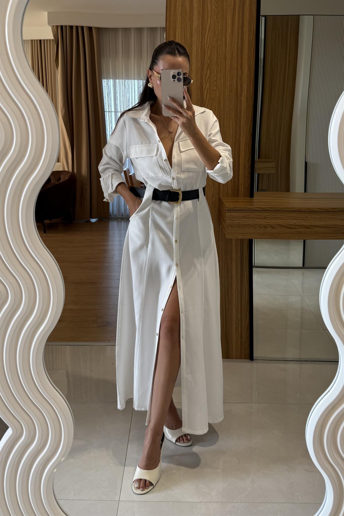 Dorian Beyaz Cep Detay Kemerli Elbise