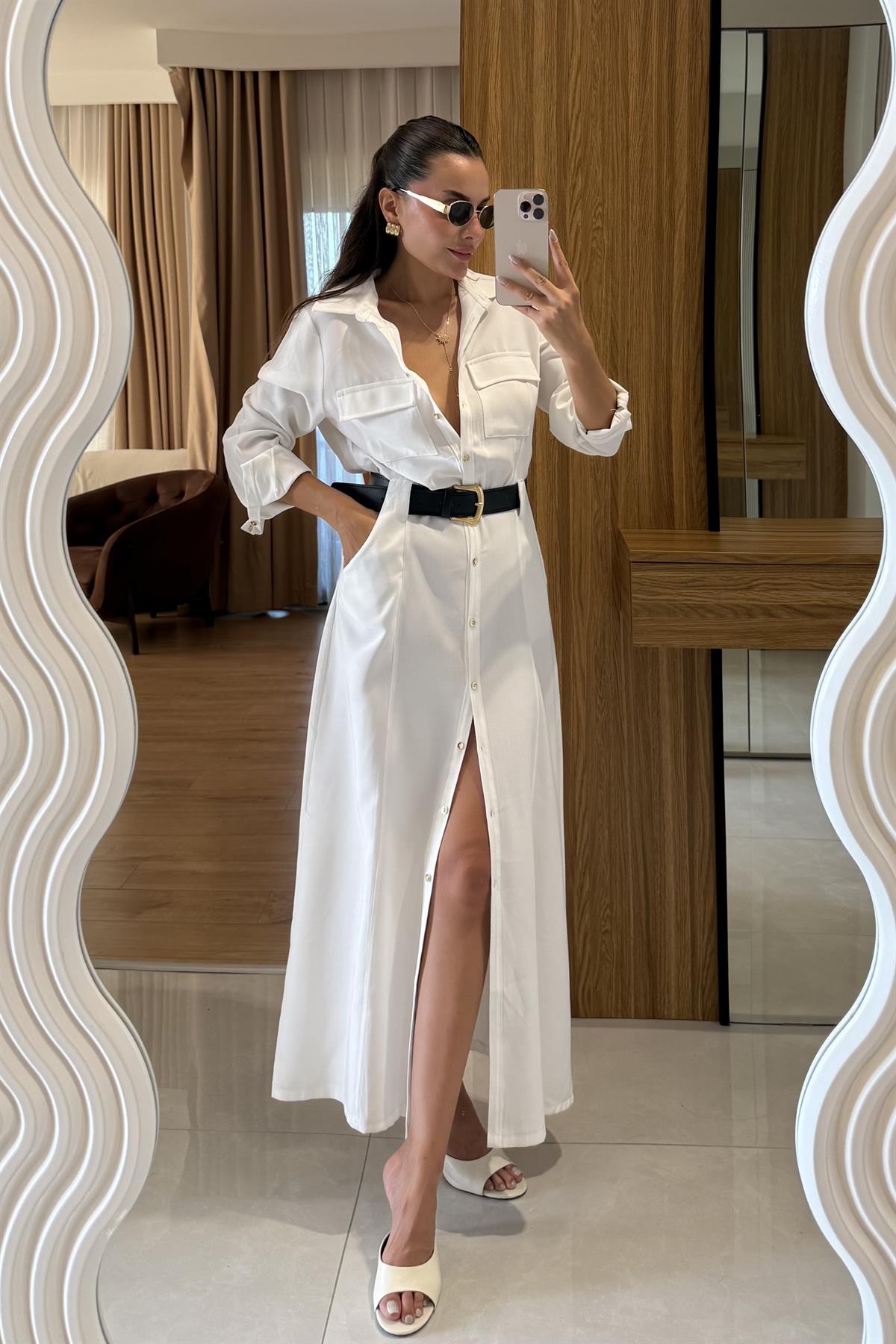 Dorian Beyaz Cep Detay Kemerli Elbise