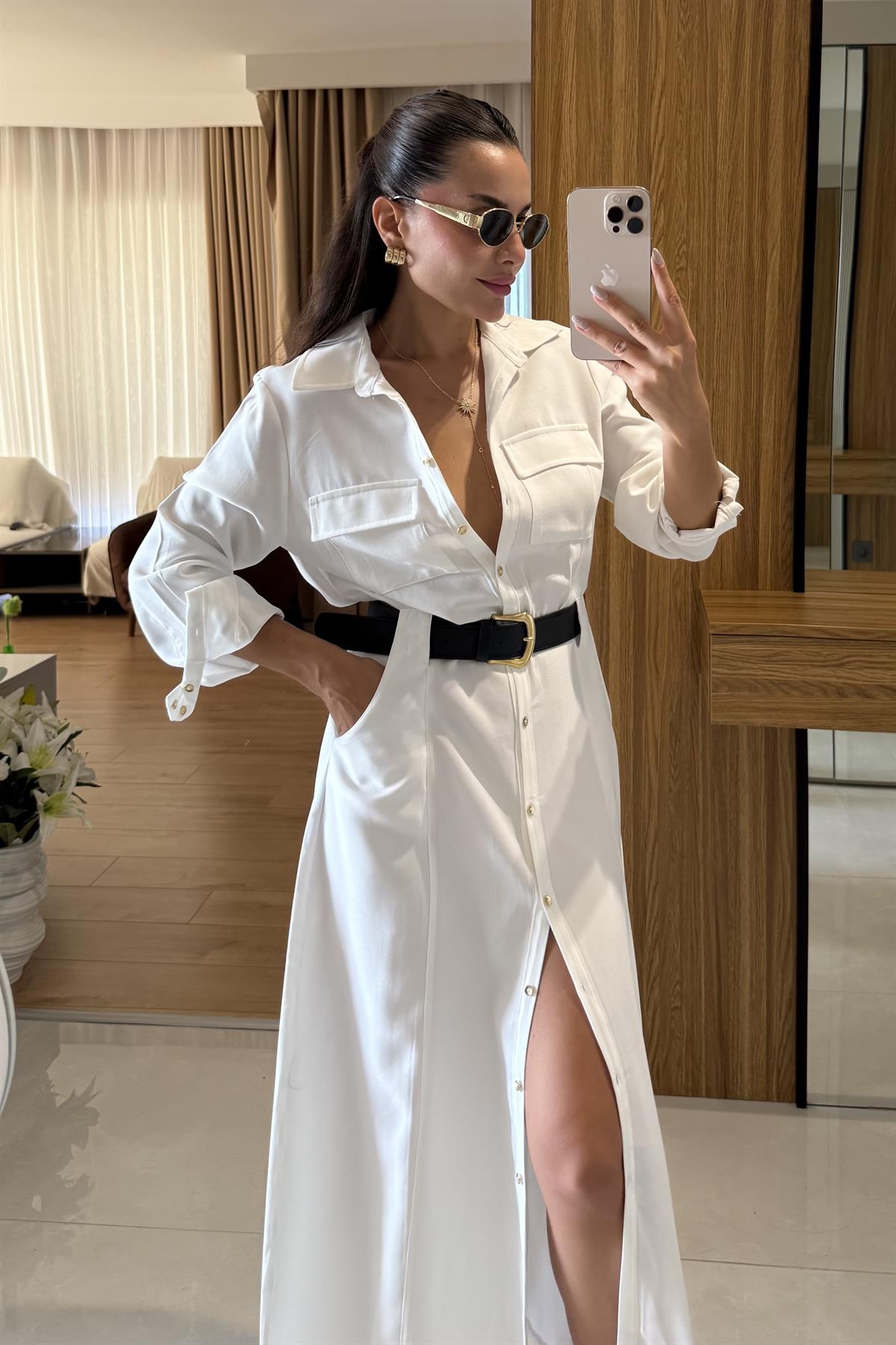 Dorian Beyaz Cep Detay Kemerli Elbise