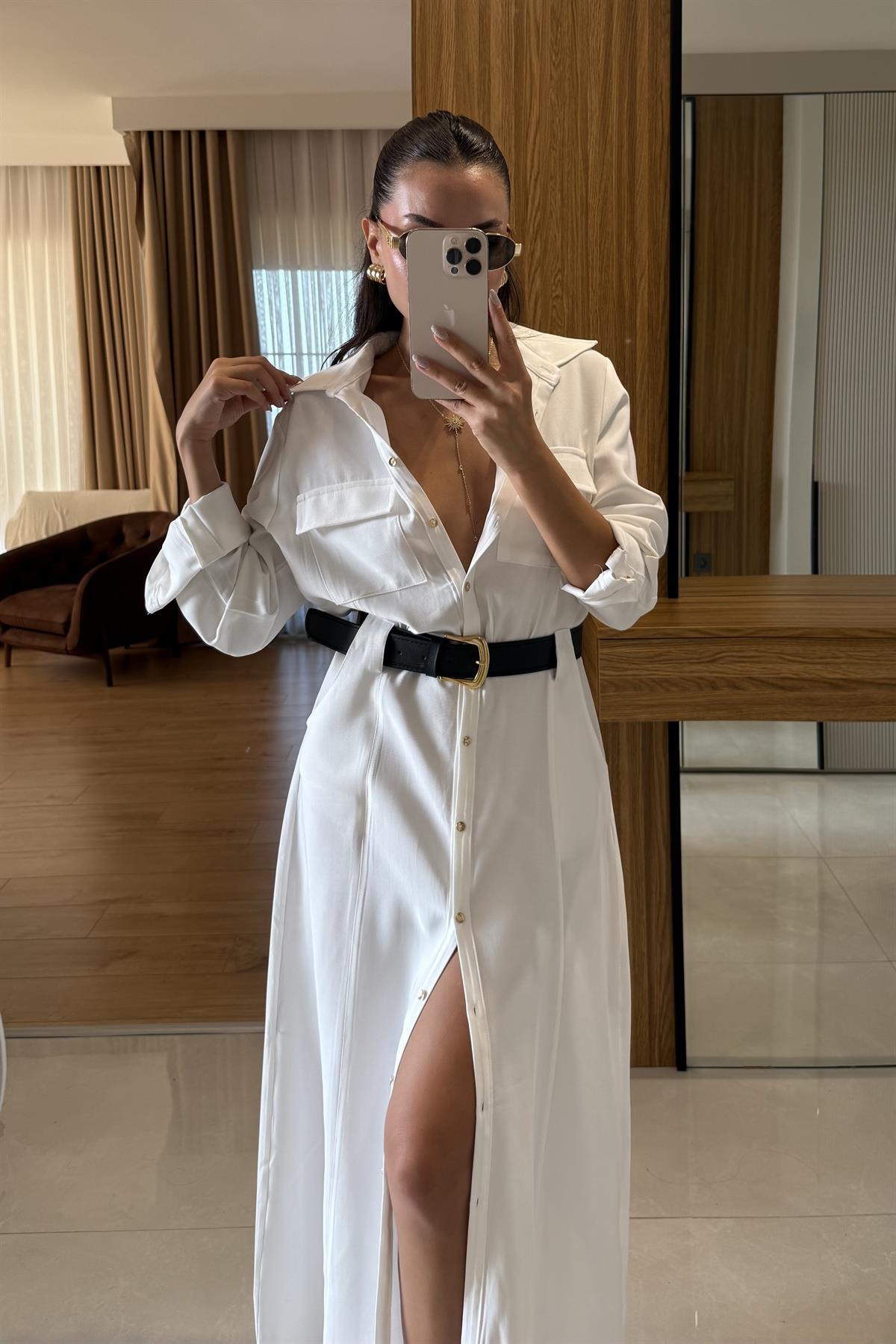 Dorian Beyaz Cep Detay Kemerli Elbise