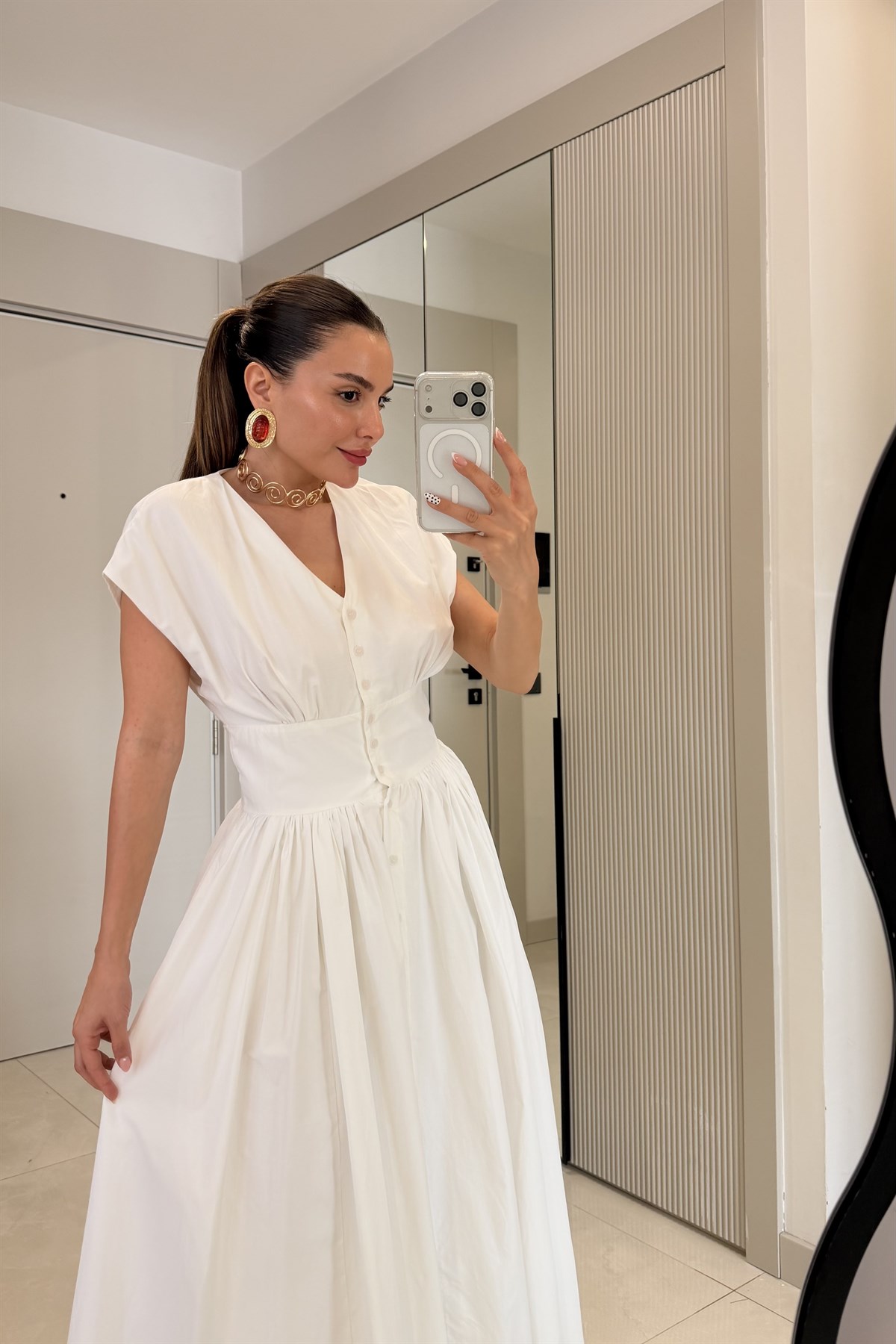 Dorissa Beyaz Önü Düğmeli Poplin Elbise