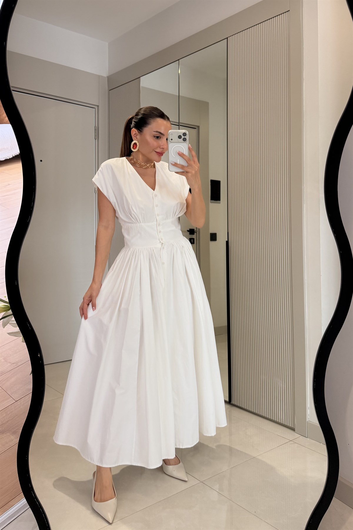 Dorissa Beyaz Önü Düğmeli Poplin Elbise