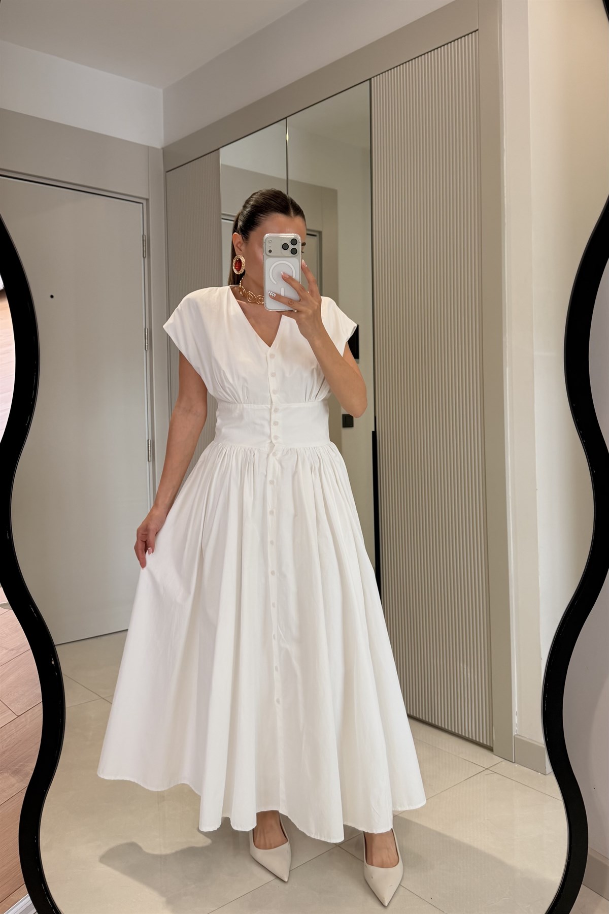 Dorissa Beyaz Önü Düğmeli Poplin Elbise