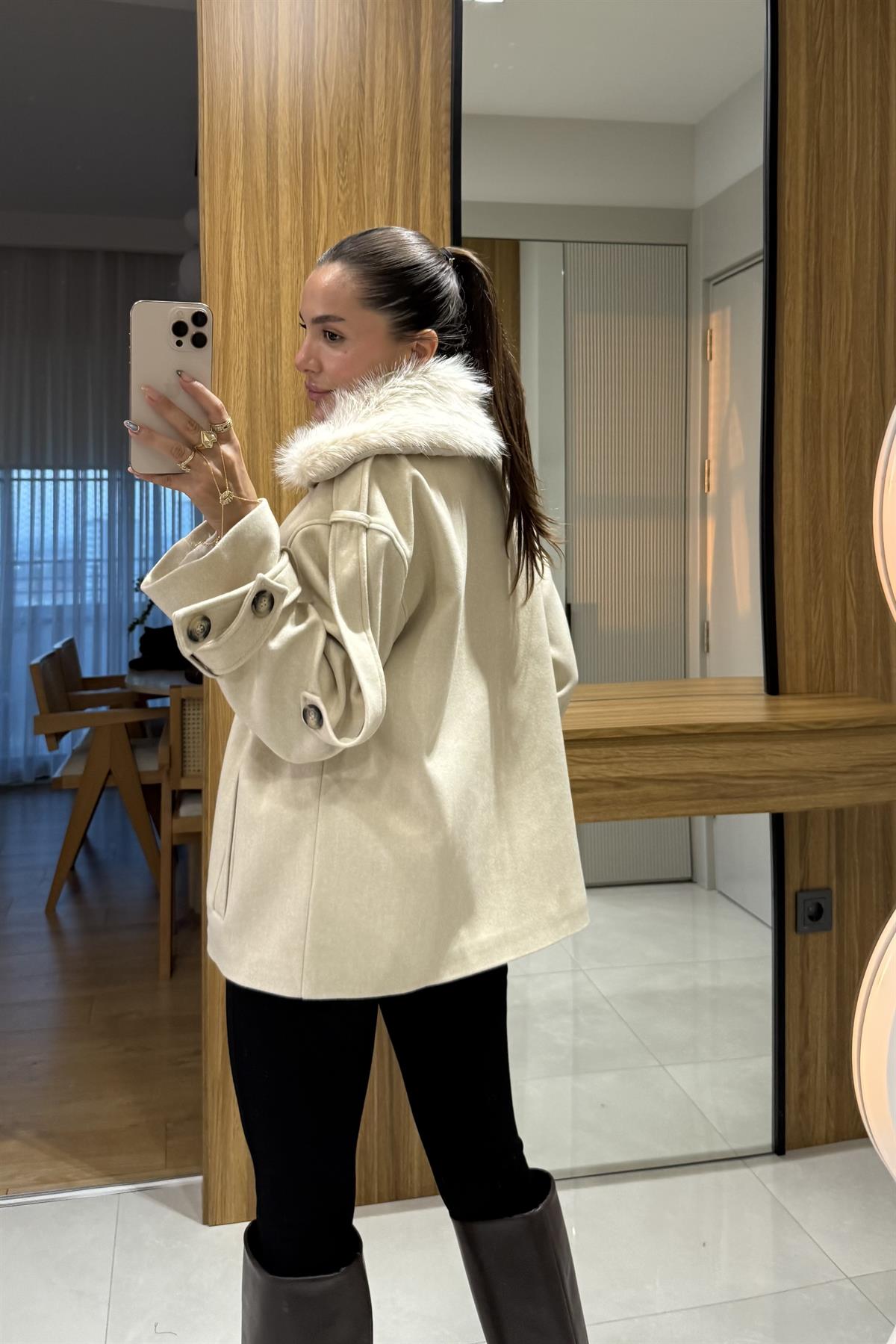 Dragun Krem Kürkü Çıkarılabilen Kaban 