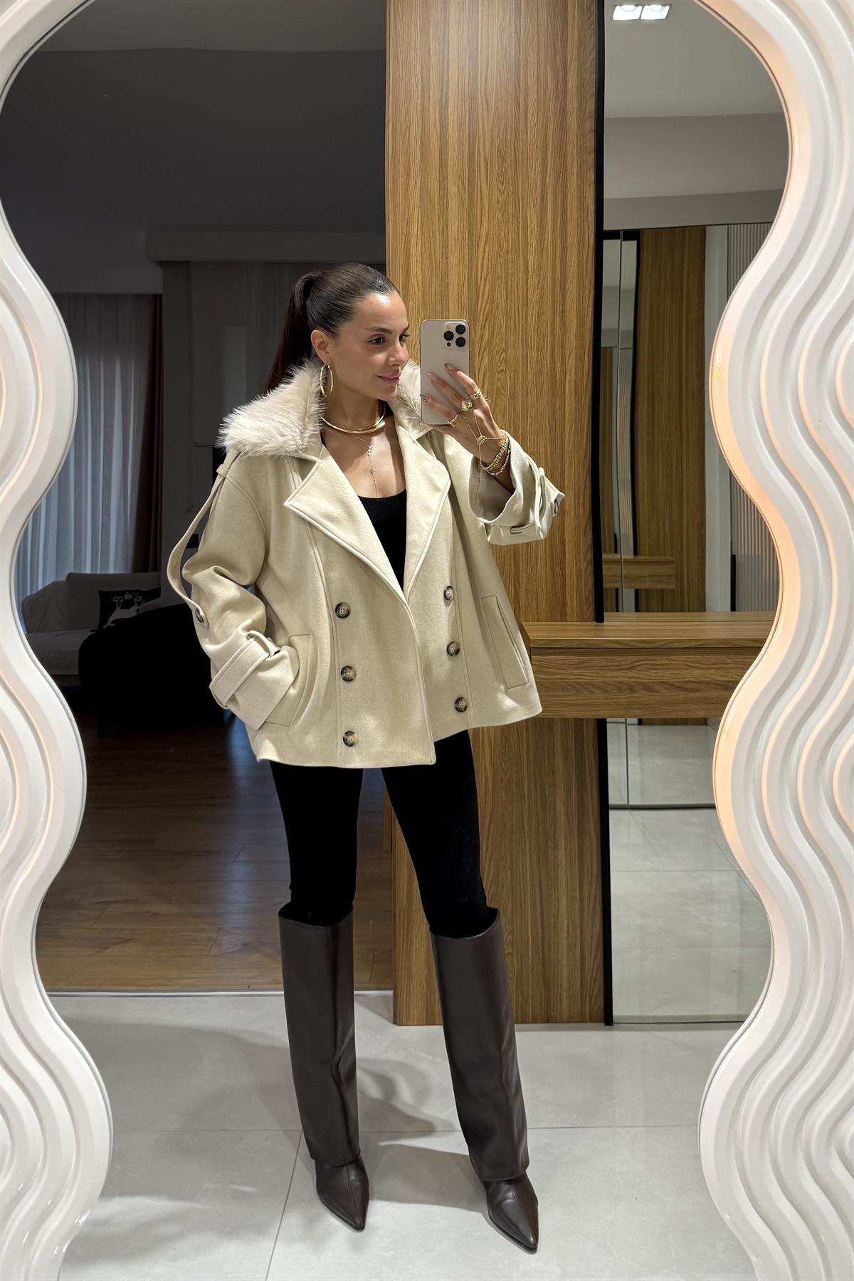 Dragun Krem Kürkü Çıkarılabilen Kaban 