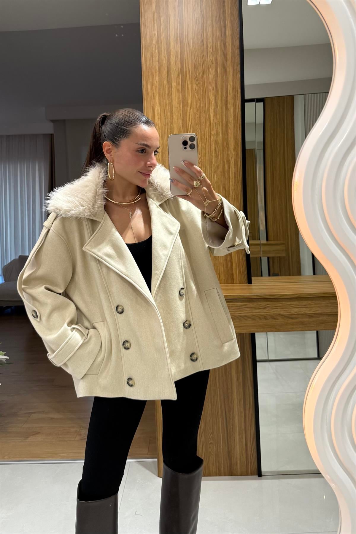 Dragun Krem Kürkü Çıkarılabilen Kaban 