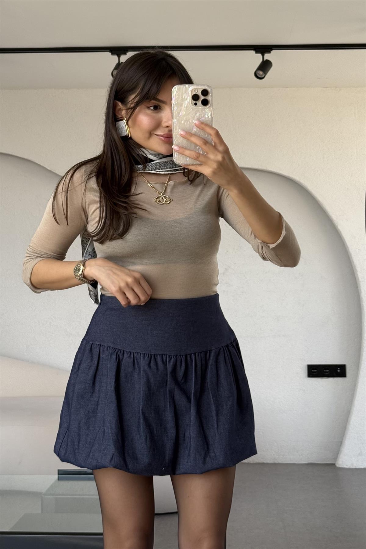 Drek Denim Mini Balon Kesim Etek