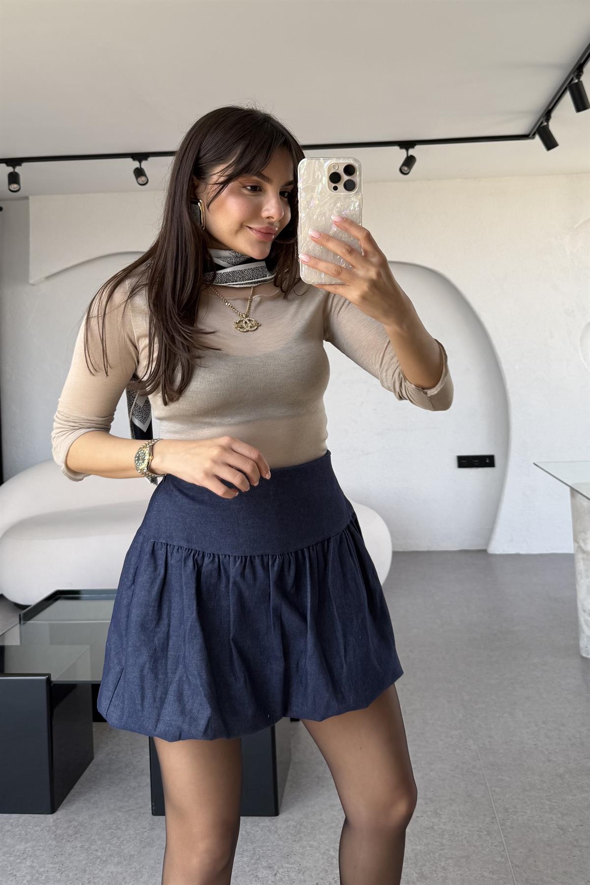 Drek Denim Mini Balon Kesim Etek