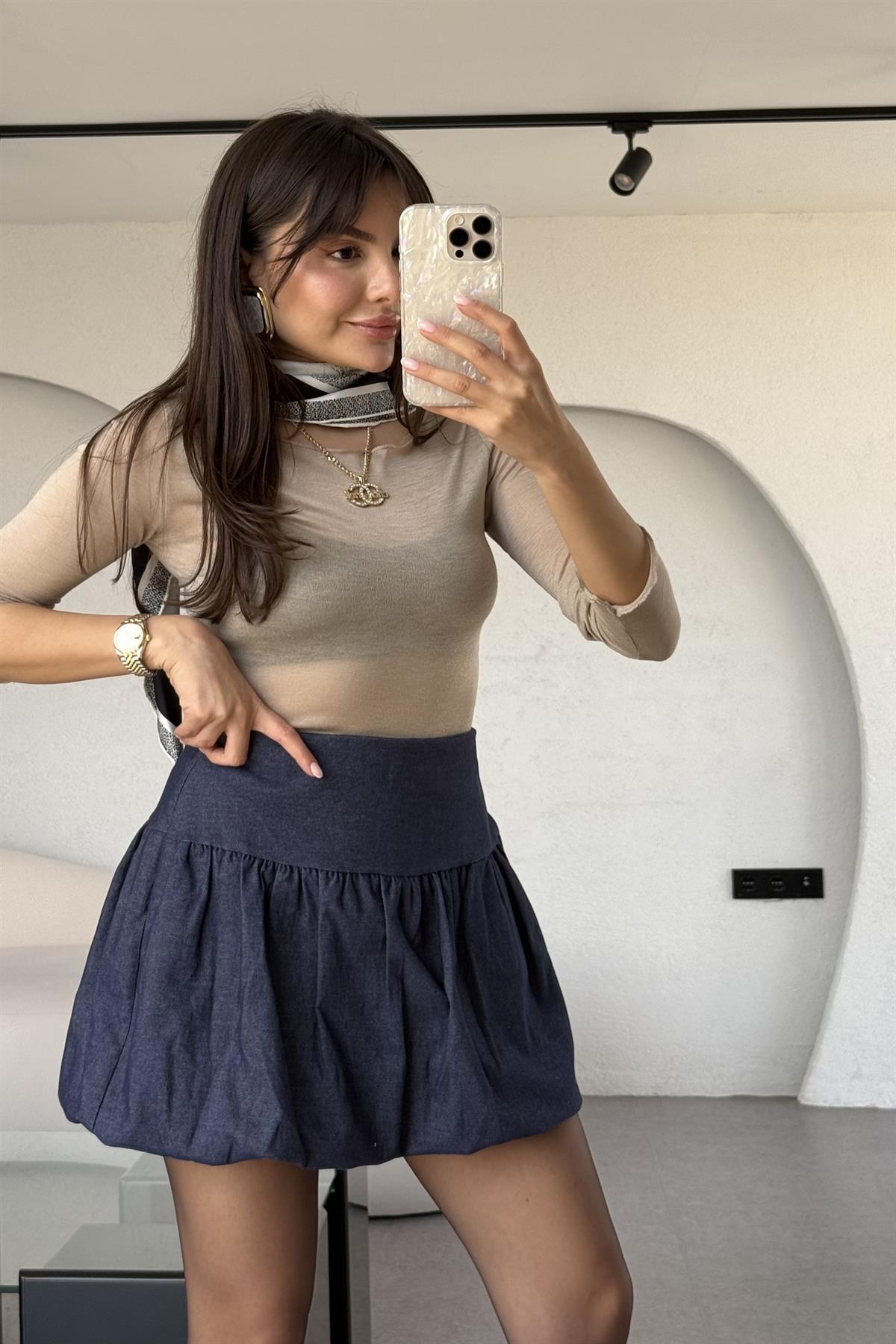 Drek Denim Mini Balon Kesim Etek