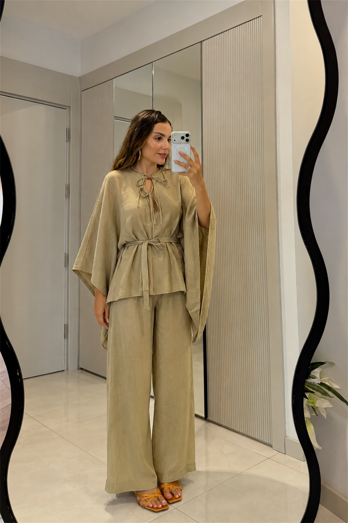 Draving Açık Haki Pelerin Kuşaklı Tensel Takım