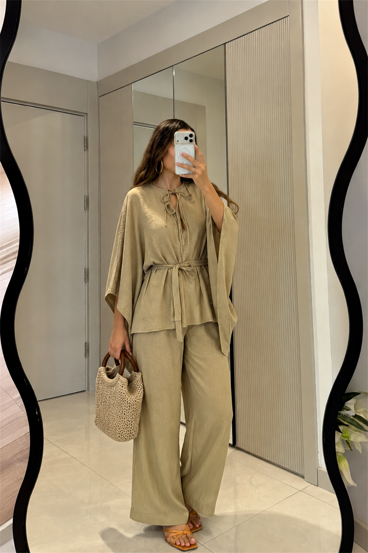 Draving Açık Haki Pelerin Kuşaklı Tensel Takım