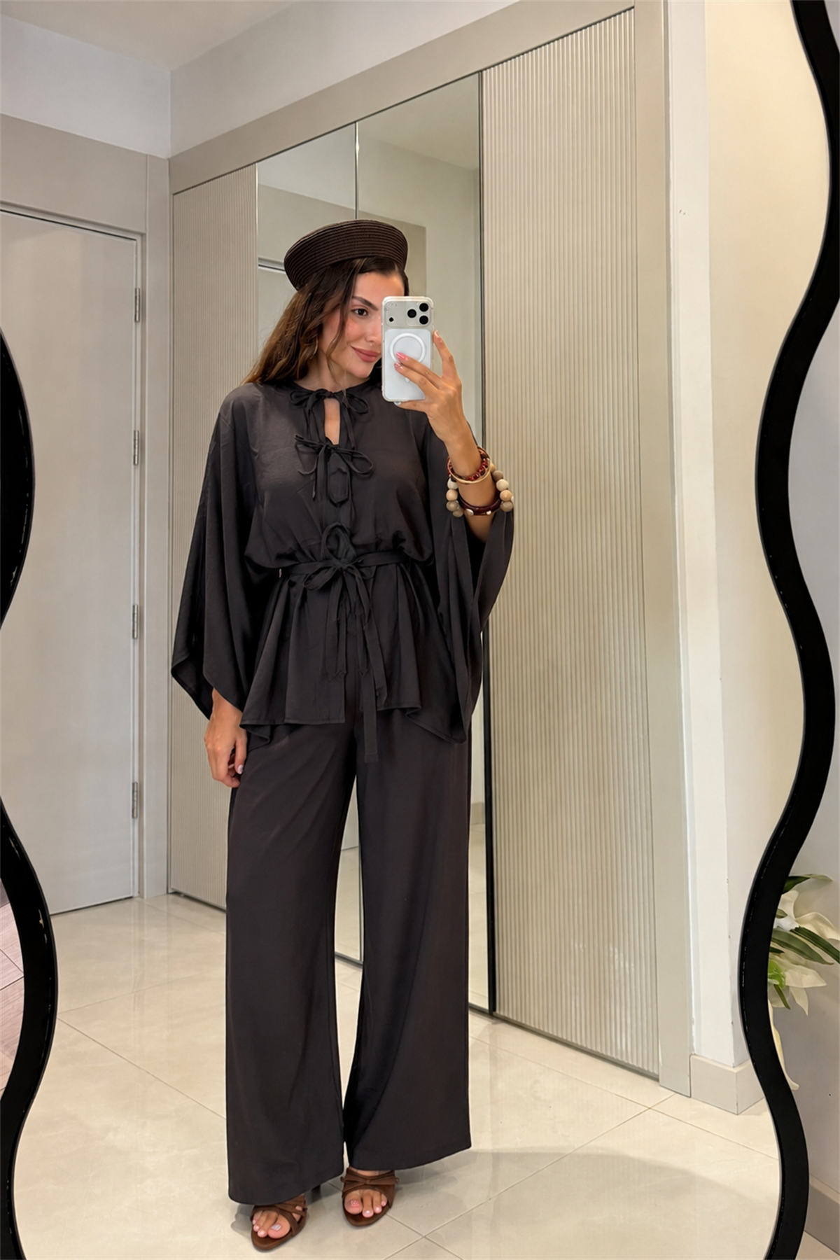 Draving Antrasit Pelerin Kuşaklı Tensel Takım