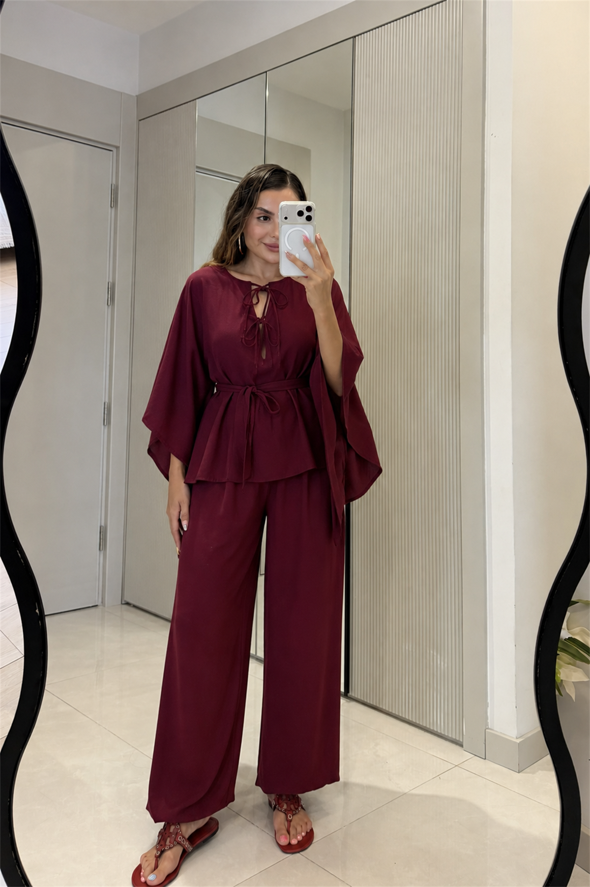 Draving Bordo Pelerin Kuşaklı Tensel Takım