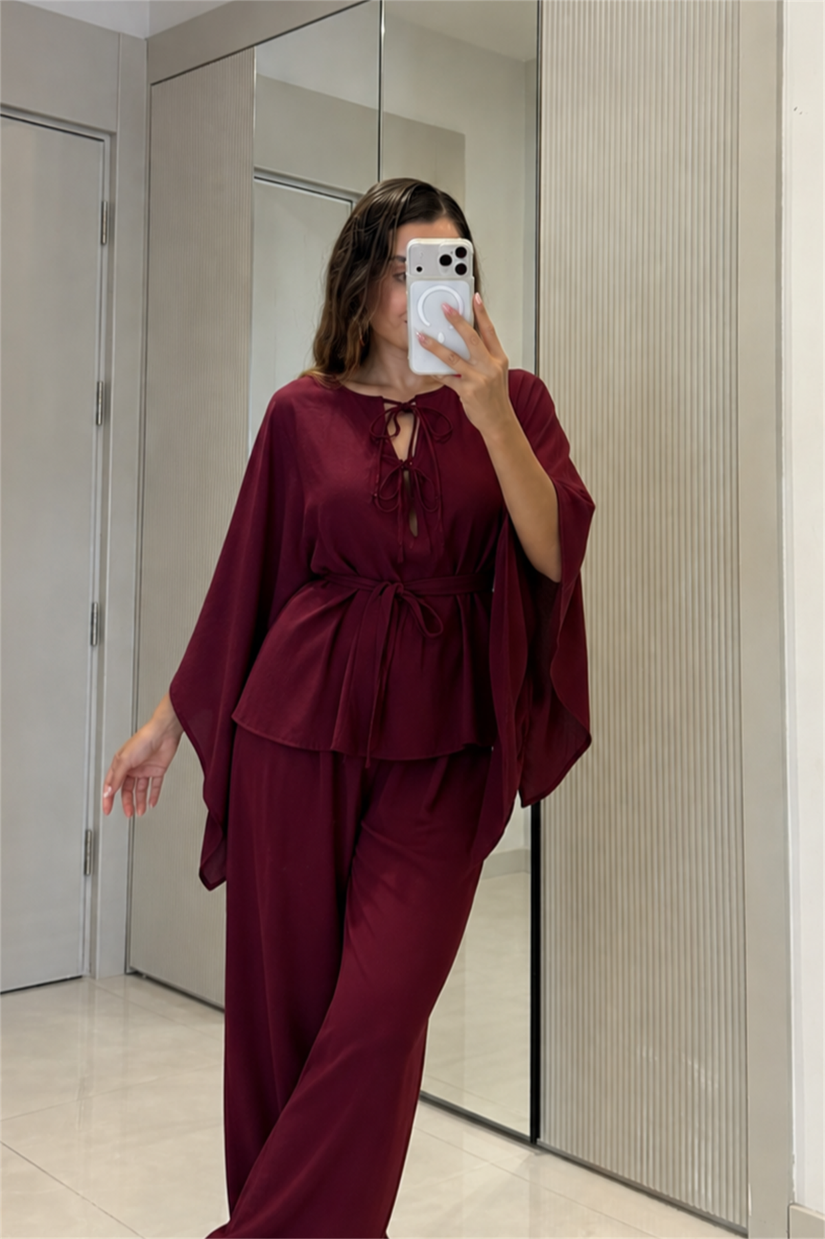 Draving Bordo Pelerin Kuşaklı Tensel Takım