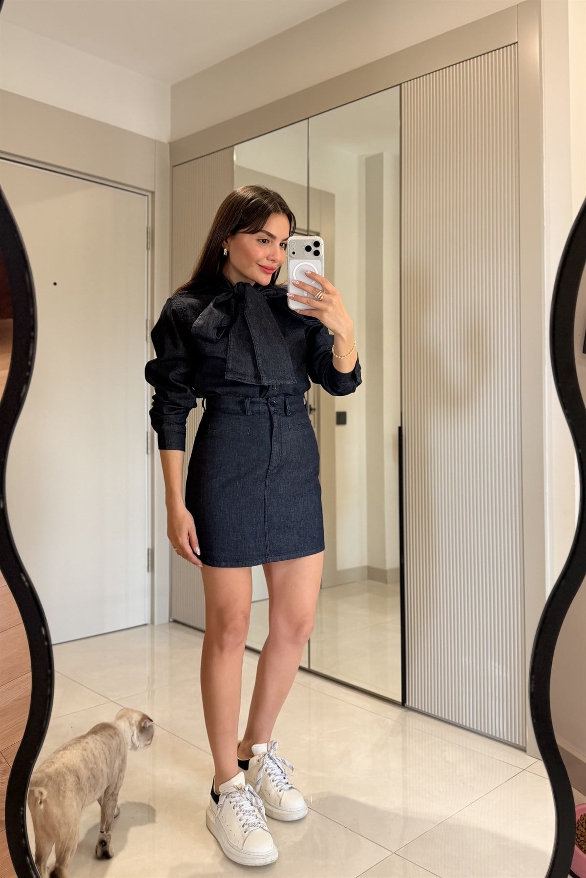 Drawen Denim Fularlı Gömlek Etek