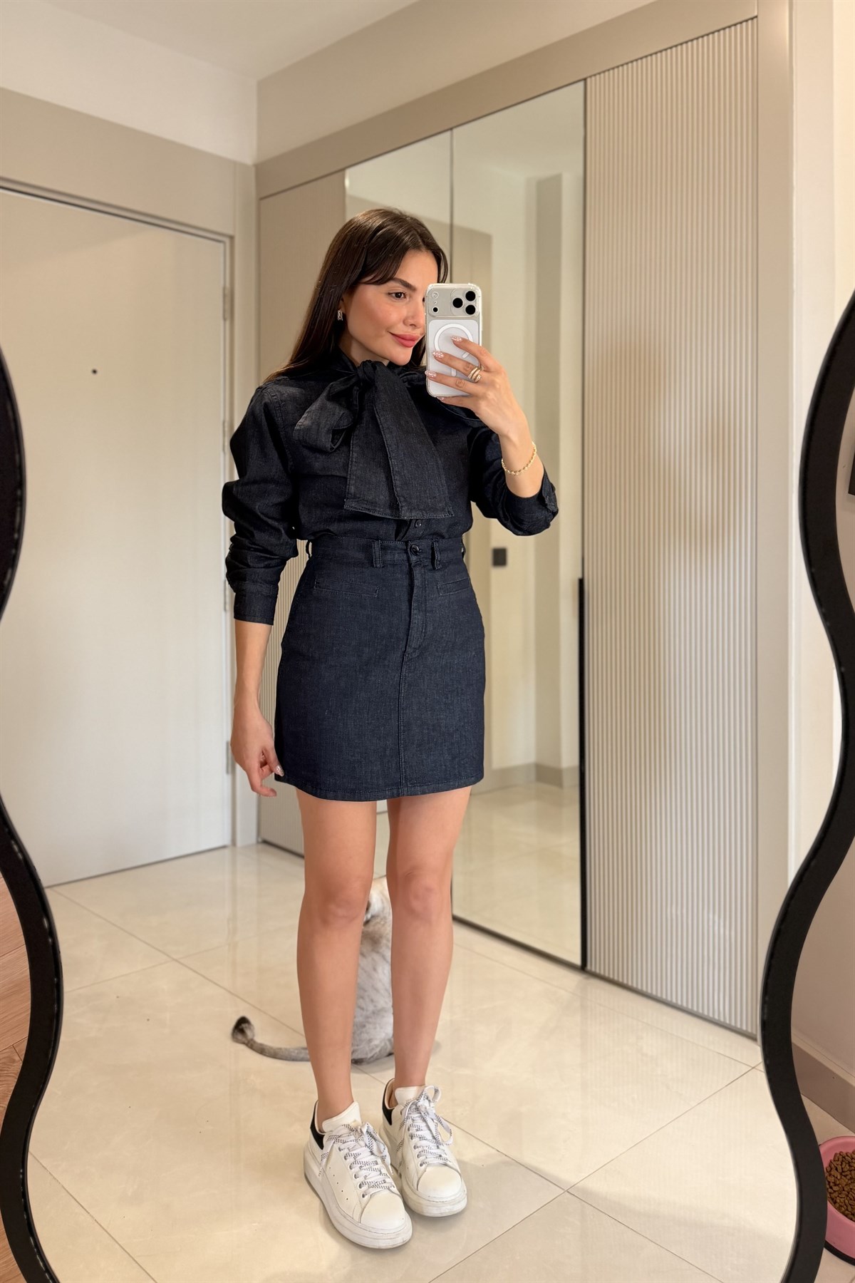 Drawen Denim Fularlı Gömlek Etek