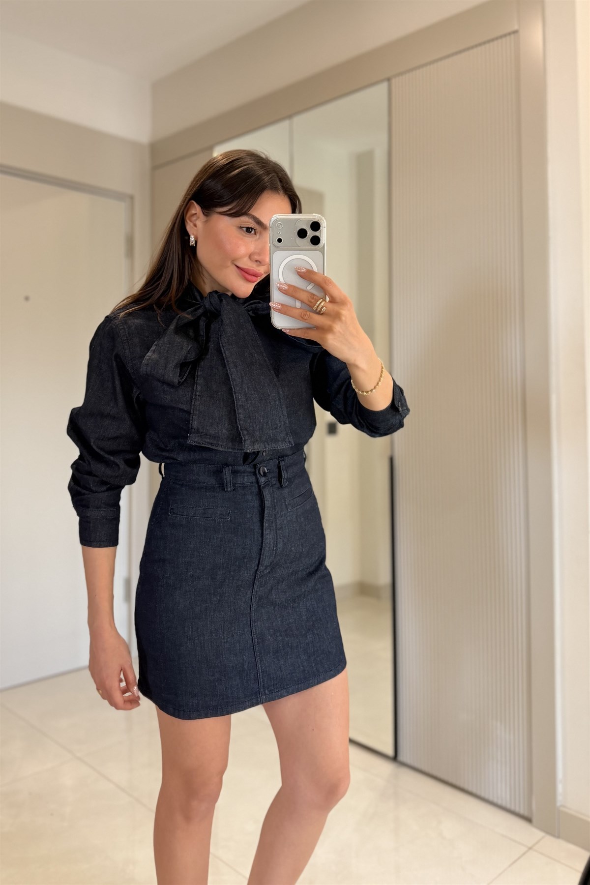 Drawen Denim Fularlı Gömlek Etek