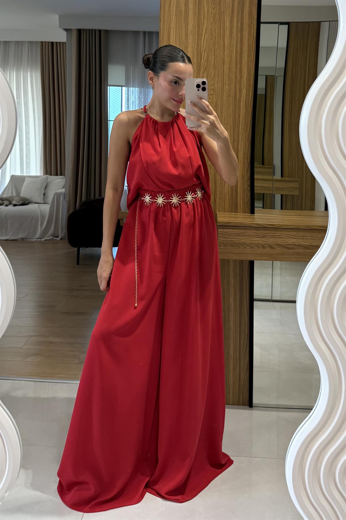 Draya Kırmızı  Boyun Detaylı Pantolonlu Takım