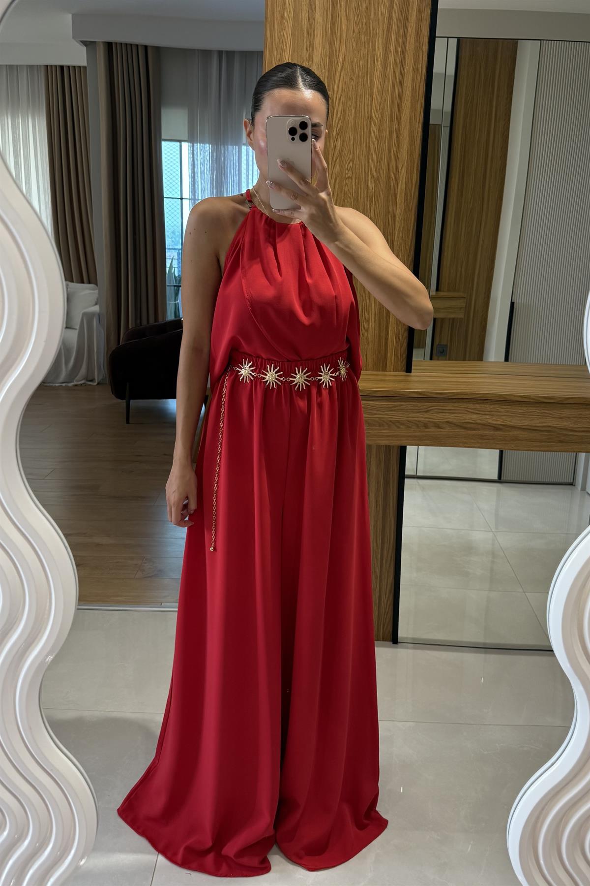 Draya Kırmızı  Boyun Detaylı Pantolonlu Takım