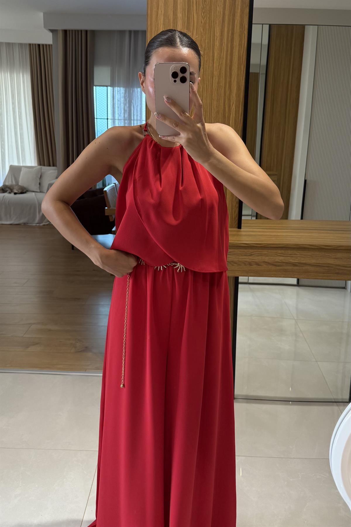 Draya Kırmızı  Boyun Detaylı Pantolonlu Takım